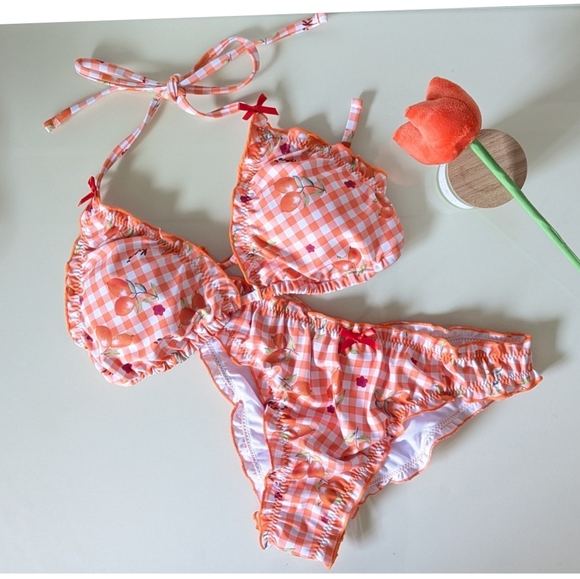 Shein 2Pcs Set Lemon Orange Plaid Bikini With Red Bows. - Picture 2 of 8